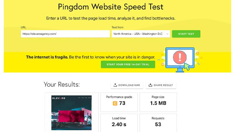 screenshot from the Pingdom homepage